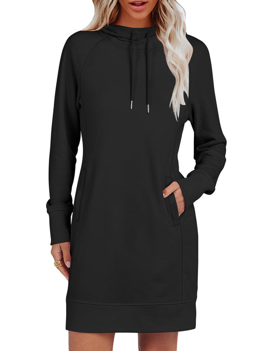 ANRABESS Womens Sweatshirt Dress Long Sleeve Hoodies Mini Dresses Fleece Casual Hoodie with Pockets 2024 Fall Fashion Black Large